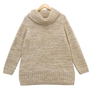 Chicos Cowl Neck‎ Sweater Marled Beige Knit Lace Detail Tunic Size 3 XL